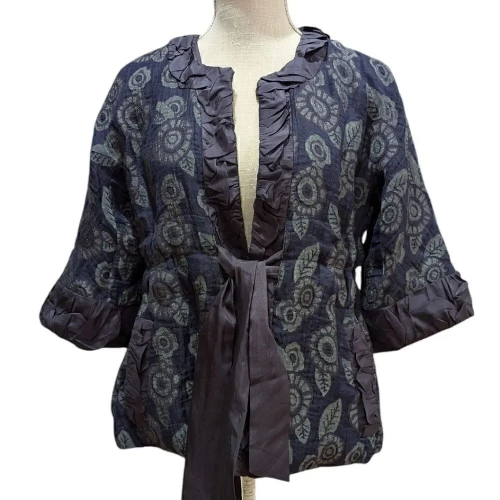 MARC BY MARC JACOBS Floral Print Kimono Jacket Blue 3/4 Sleeve Tie Sash Size 4